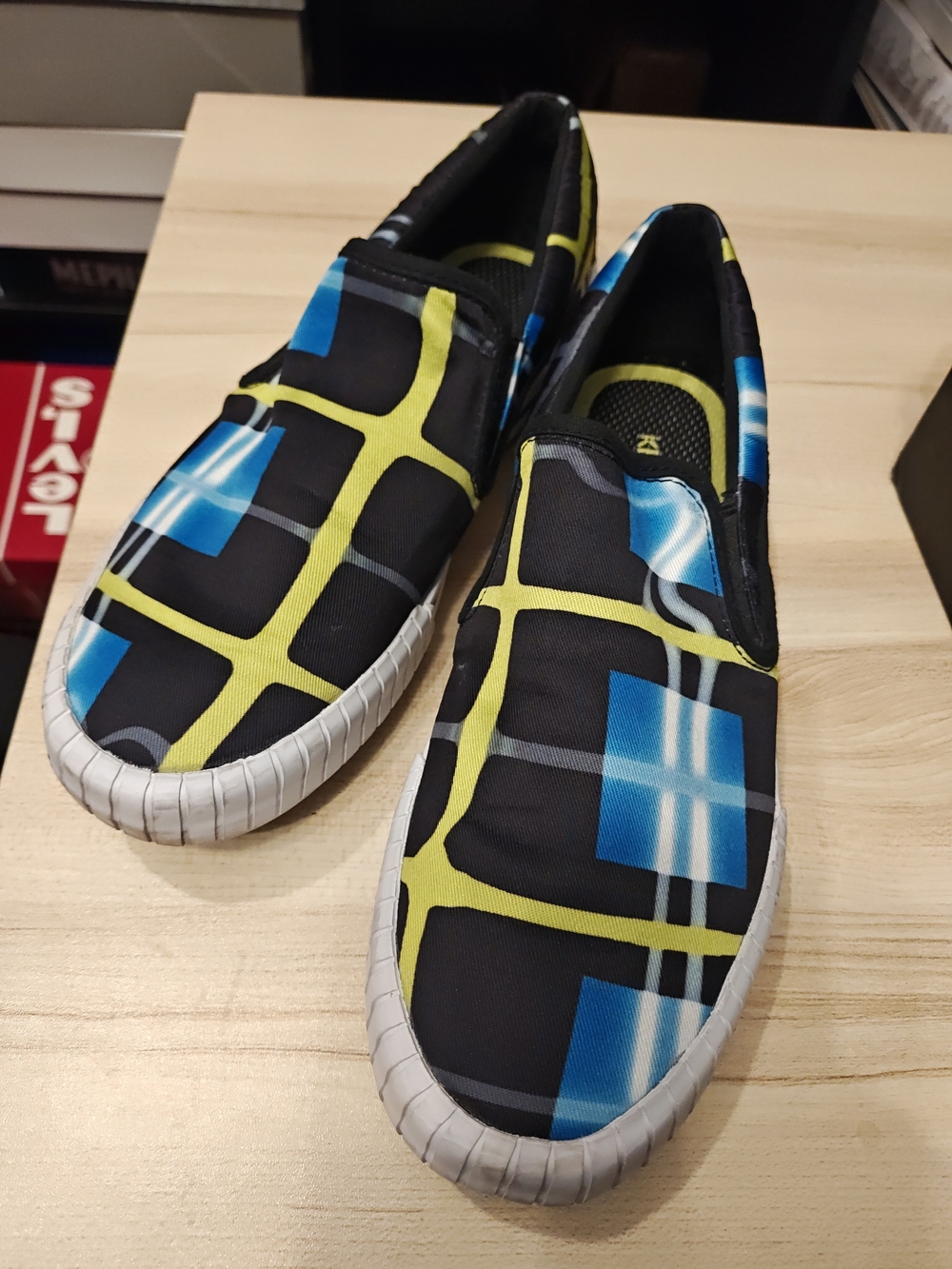 Kenzo Black Slip-On Sneakers with Blue and Yellow Grid Pattern
